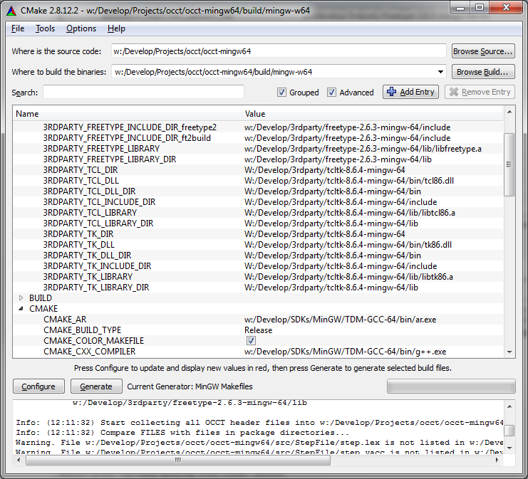 CMake configured for MinGW